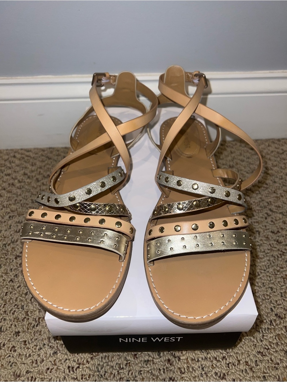 Nine West Nude and Gold Studded Strappy Sandals